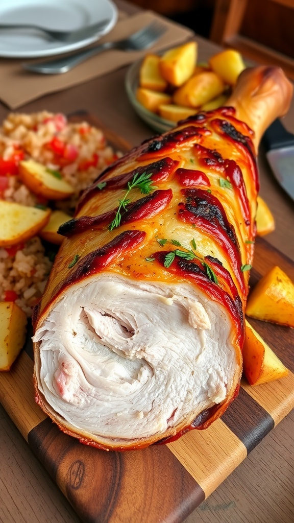 Crispy roasted pork knuckle on a wooden board with sauerkraut and potatoes, garnished with herbs.